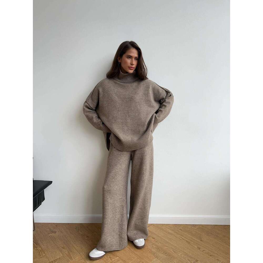 High Neck Split Wool Sweater For Women Loose Casual Lazy Knitted Long Pants Two-Piece Set B5