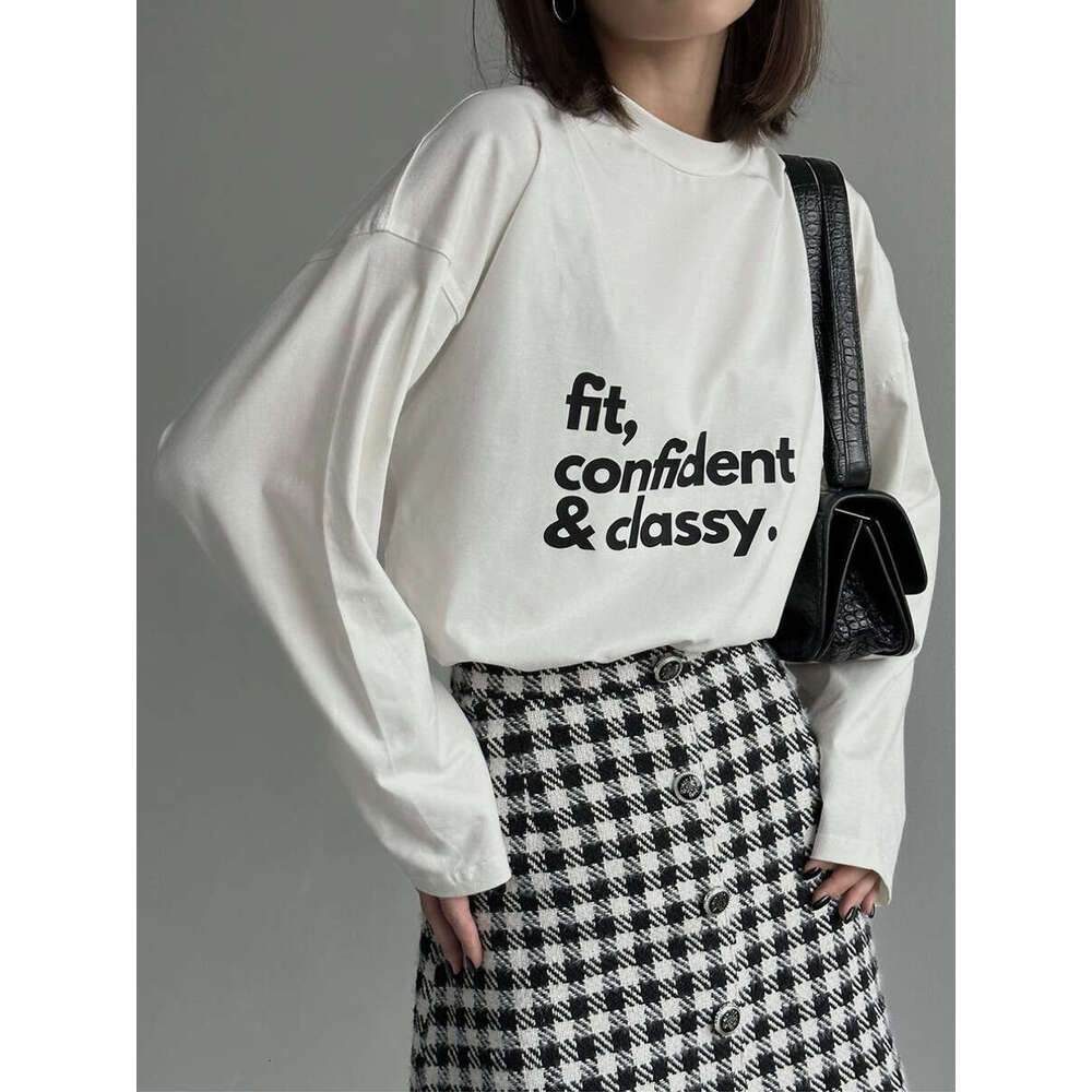 American Style Printed T-Shirt For Women, Pure Cotton Long Sleeve Letter Pattern Loose Top Ins B5