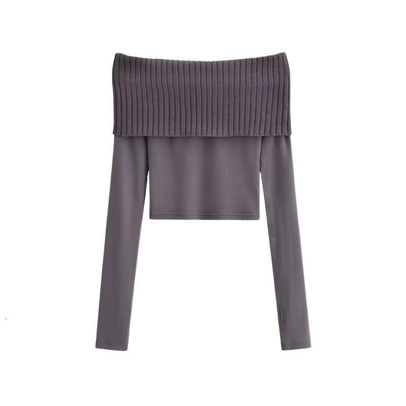 American Style Spicy Girl Sexy Off-Shoulder Knitted Patchwork Cuffed Long Sleeve T-Shirt Ultra Short Crop Top B5