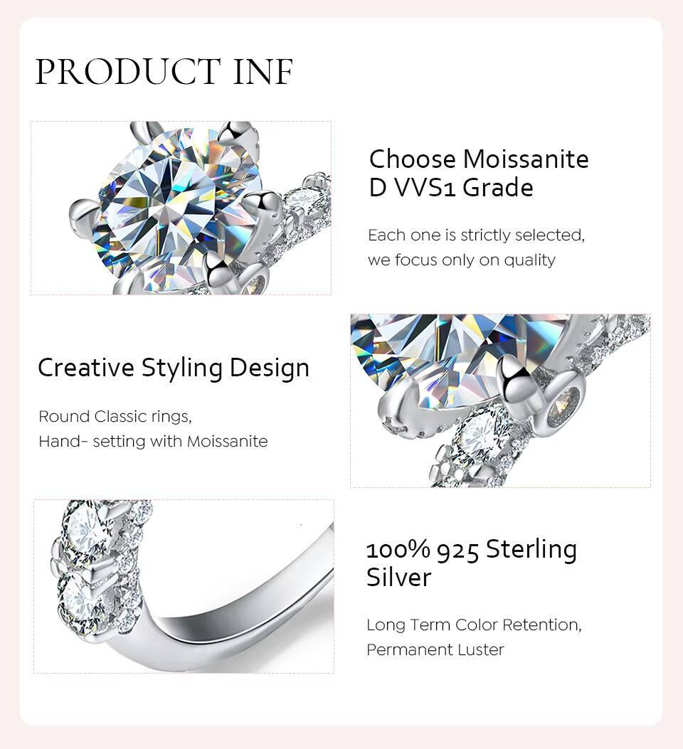 Wholesale GRA Moissanite Ring Sterling SilverJewelry Unique 1 2 3 5 Ct Round Shape Diamond 925 Sterling Silver Ring for Women