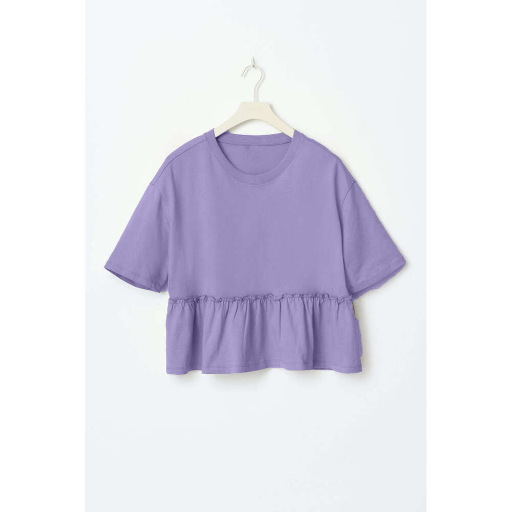 Spring Summer New Style Pure Cotton Round Neck Pleated T-Shirt For Women Soft Loose Casual Versatile Top B5