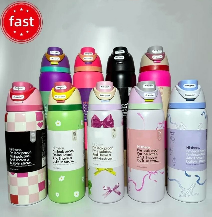 24oz 32oz Cat Insulated Stainless Steel Water Bottles with Flip Straw Stainless Steel Tumblers Thermal Outdoor Travel Car Mugs Sports Cold Coffee Cups 0910