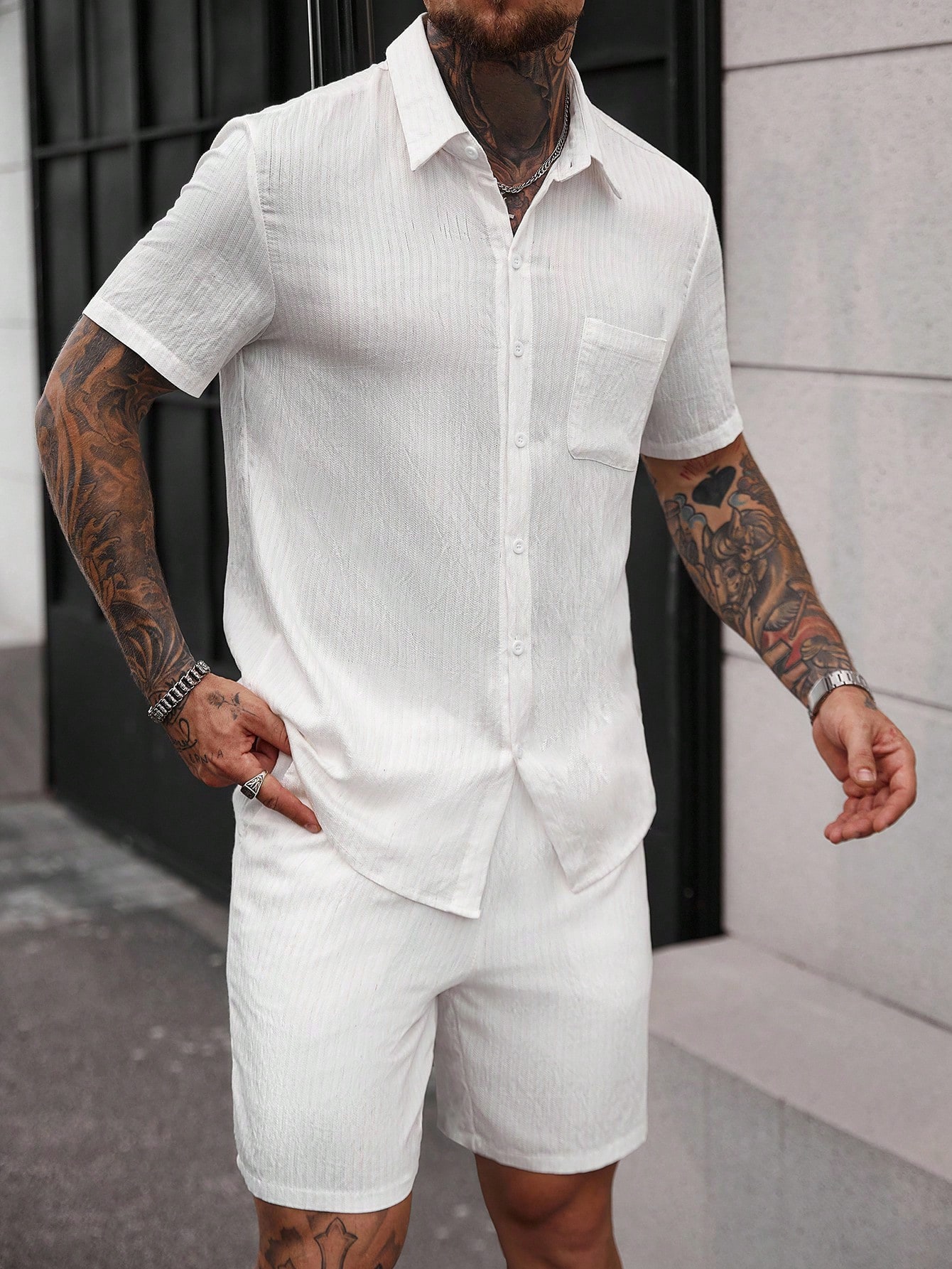 Men's Plain Color Single-Breasted Short Sleeve Shirt And Shorts Casual Suit Men Summer Outfits Men Casual Summer Outfit Summer Vacation Outfits M