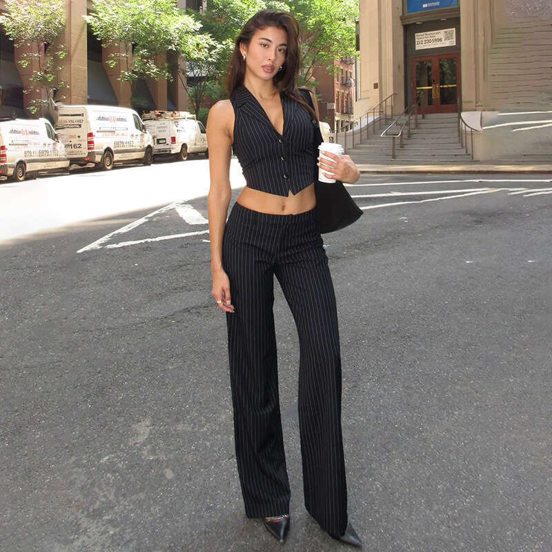 Commuting Style Striped Suit Elegant V-Neck Sleeveless Vest Loose Straight-Leg Pants Two-Piece Set B5 g5