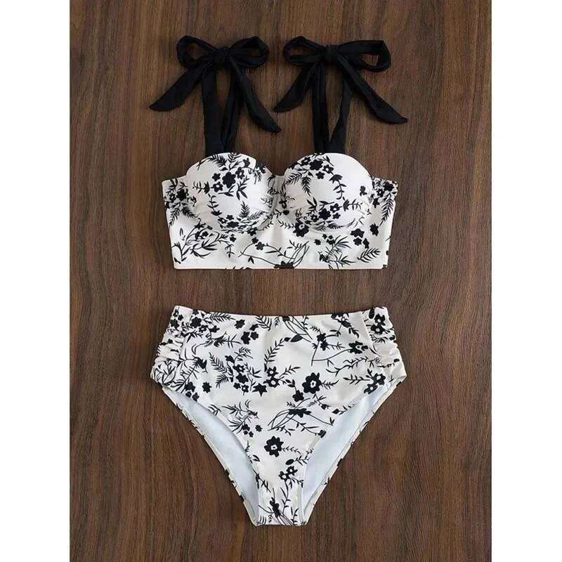 Sexy High-Waist Bikini Swimsuit Women's Small Chest Gathered Swimwear New Cross-Border Print Two-Piece Female Fashionable