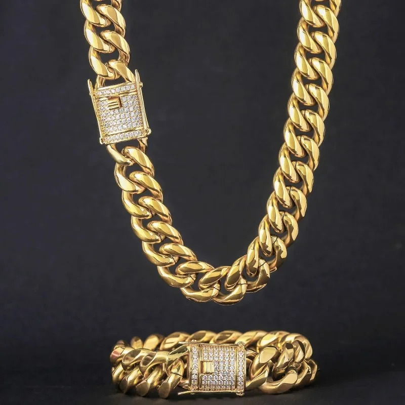 6-12mm Hip Hop Cuban Chain Iced Clasp Stainless Steel 18K Gold Plated Chaine For Men Necklace Jewelry 250717