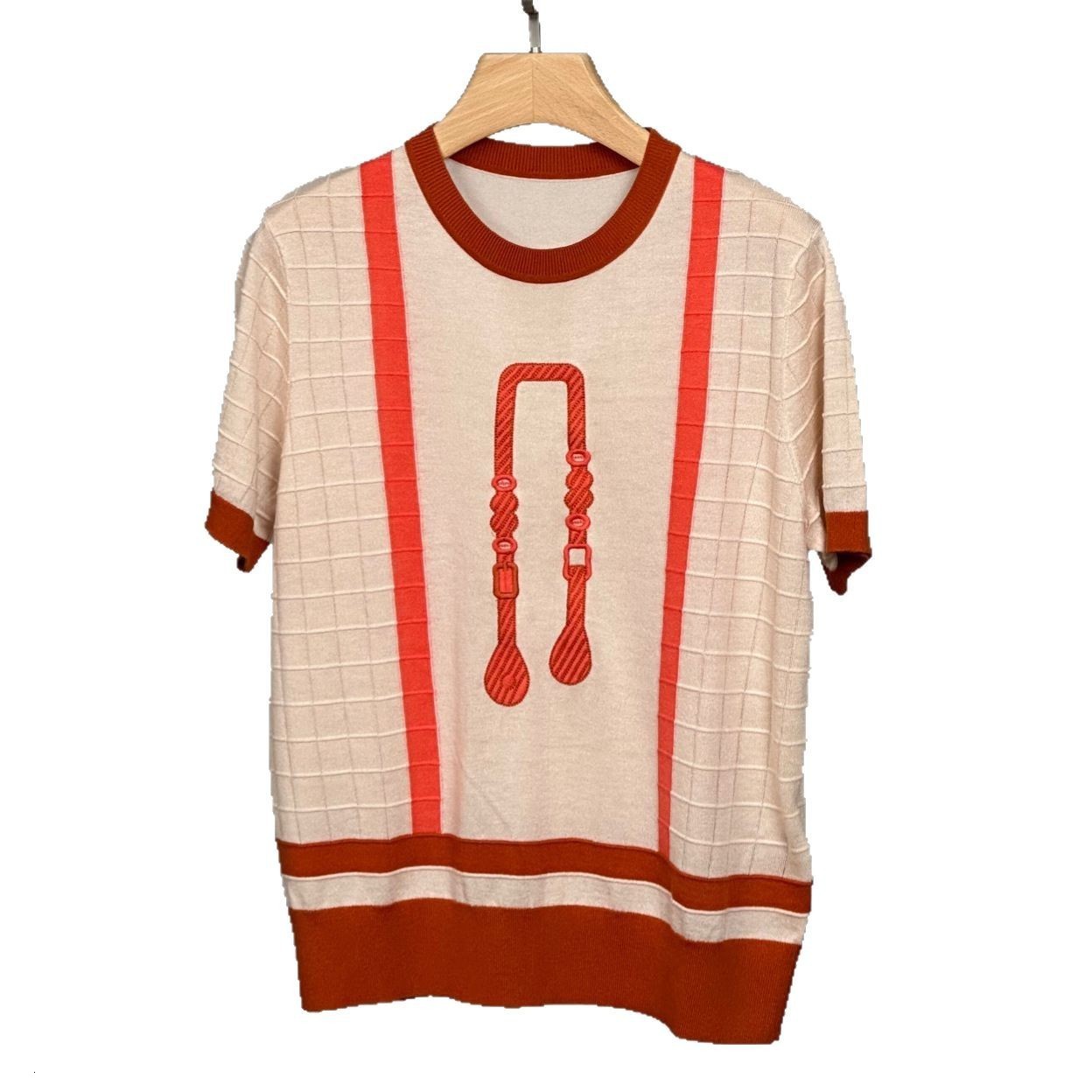 Spring summer Embroidery Womens Thin Top Loose Contrasting Color Round Neck Short Sleeved T-shirt Silk Wool Knitted Sweater 250718