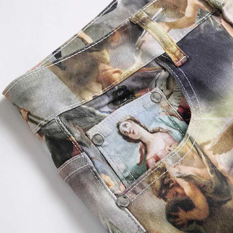2024 Spring Autumn Mens Printed Jeans Streetwear HIP HOP Punk Painted Stretch Jeans Trendy Straight Denim Trousers X250718