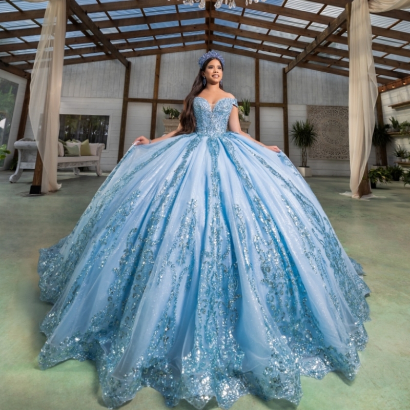 Light Blue Shiny Quinceanera Dresses Ball Gown Off The Shoulder Sequin Applique Lace Beads Tull Corset Party Birthday Sweet 16 Dress Vestidos 15 Anos