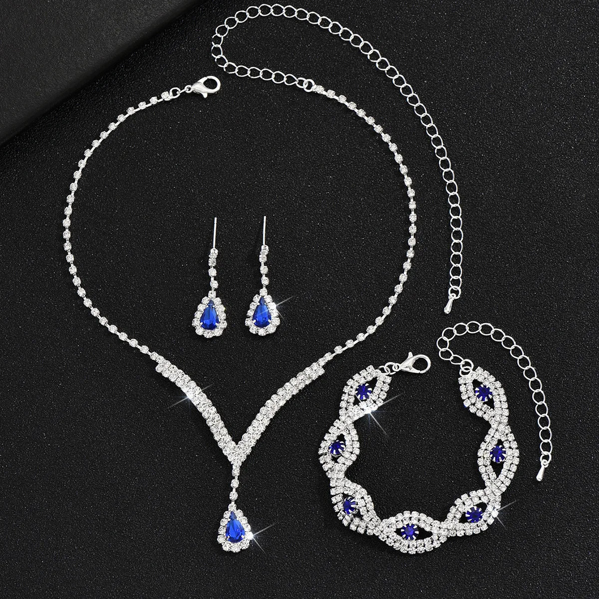 3 Pcs Rhinestone Bride Jewelry Set for Women Black Water Drop Crystal Earrings Wedding V Necklace Eye Bracelet Fashion- 250715