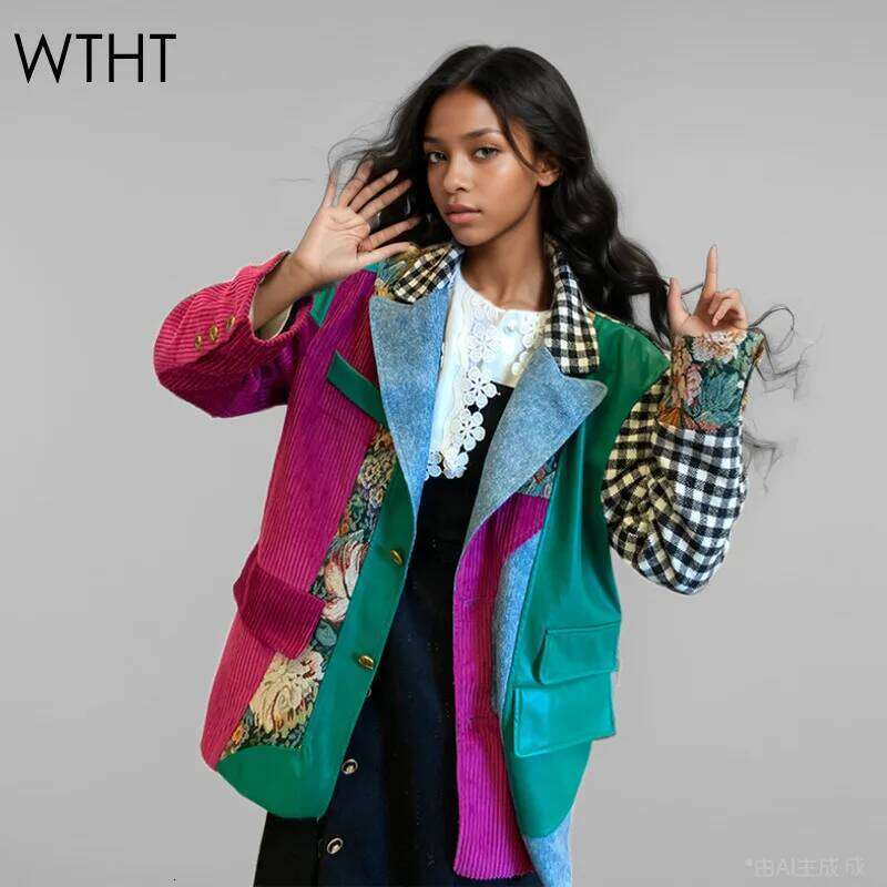 WTHT Fashion Women's Irregular Patchwork Plaid Design Blazer 2024 Winter Trendy Lapel Long Sleeves Jacket Female 1Ls574