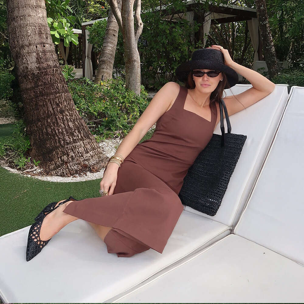 Minimalist Solid Color Square Neck Strap Summer New Slim Fit Cotton Linen Long Dress B5