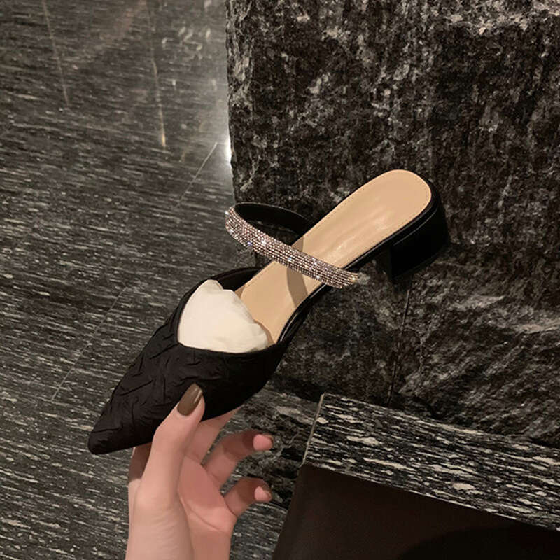 Designer Studiolee 2025 Gentle Style One-Strap Diamond Summer Spring Pointed Toe Open Back Chunky Heel Sandals for Women