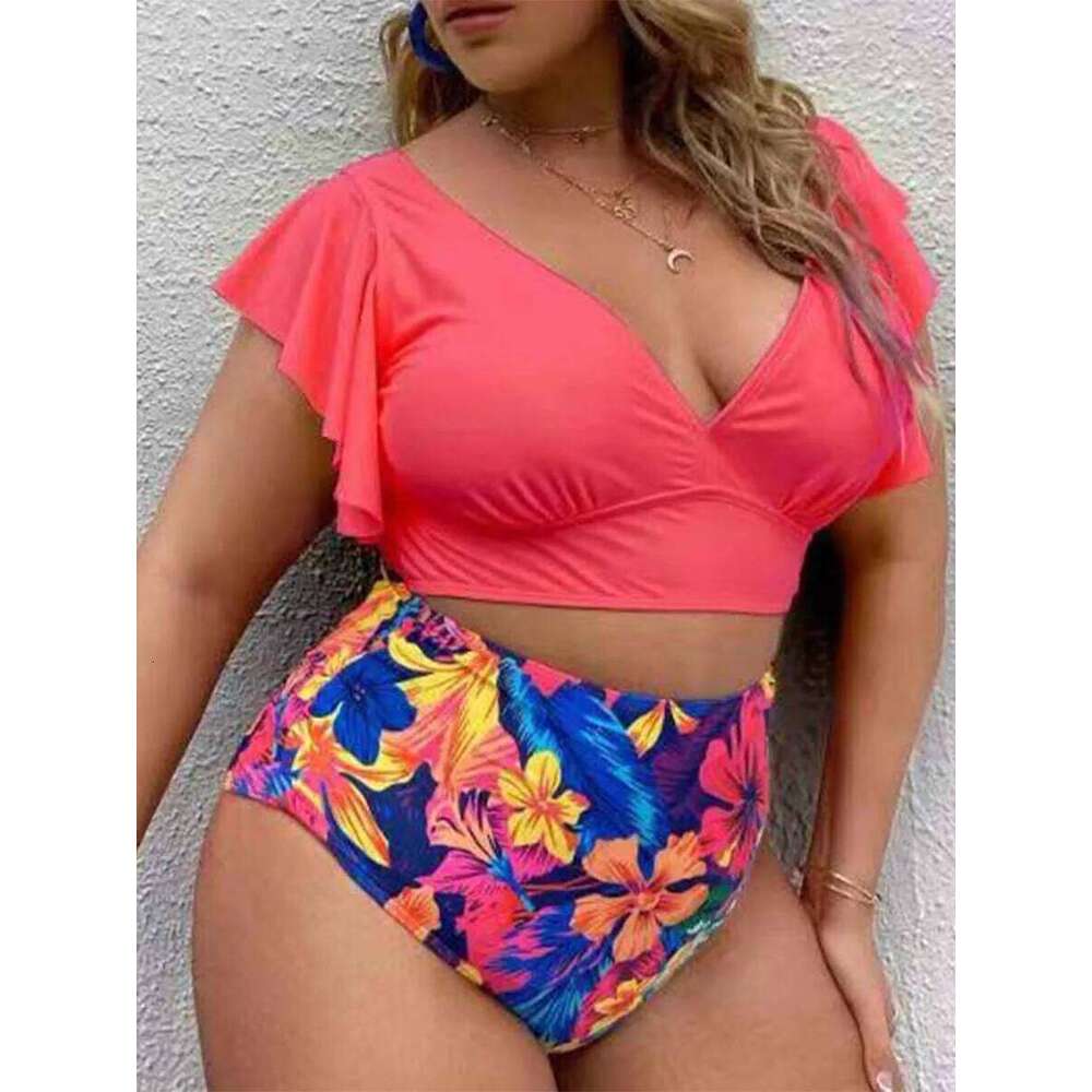 Plus Ruffle Sleeves High Waist Bikini Women's V Neck Push Up Large Swimsuit 2025 Mujer Big Size Tummy Control Swimwear