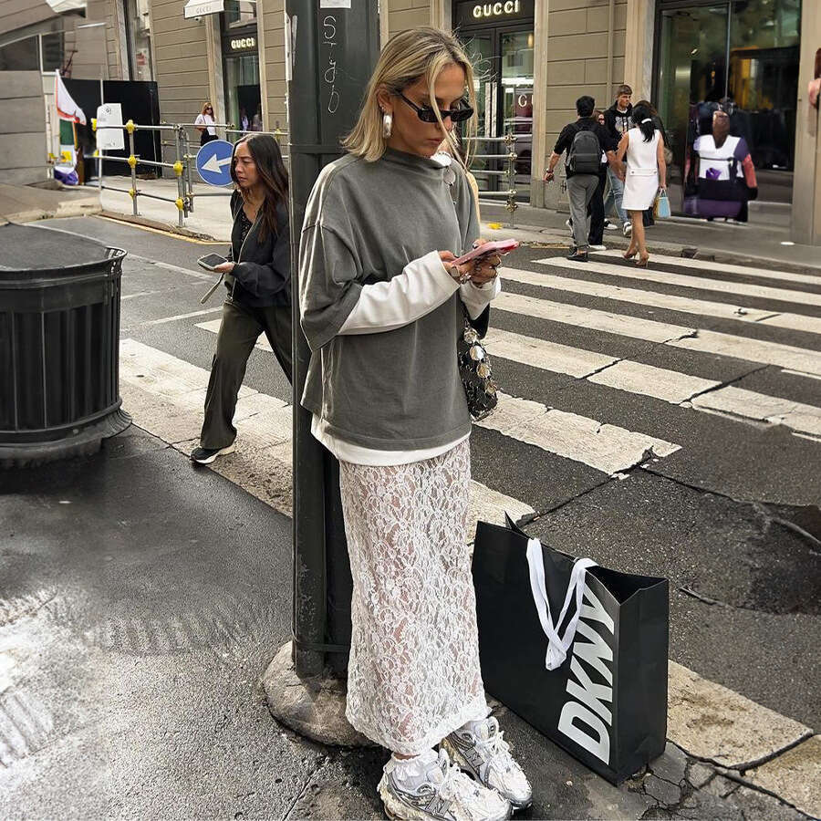 White Summer Street Fashion Jacquard Hollow Back Split Lace Midi Skirt B5