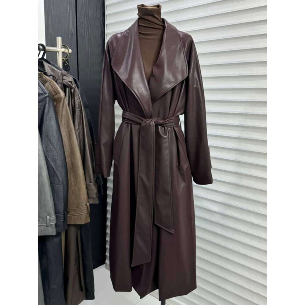 Autumn New French Style High End Suit Collar Over Knee Leather Trench Women Clothing Waist Lace Up Long Coat Winter Clothes