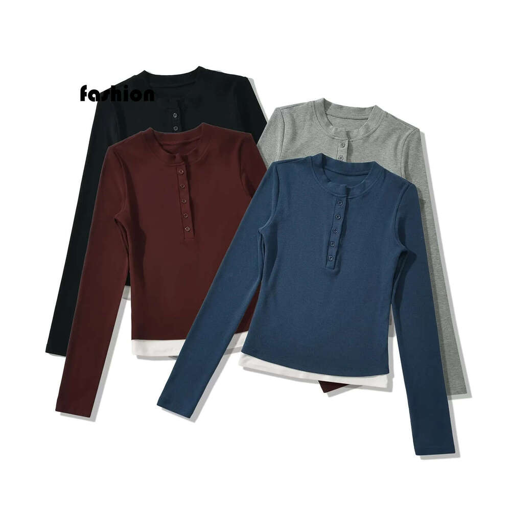 American Style Spicy Girl Fake Two-Piece Long Sleeve T-Shirt For Women, Autumn New Design Slim Fit Base Shirt Short Top B5 g5