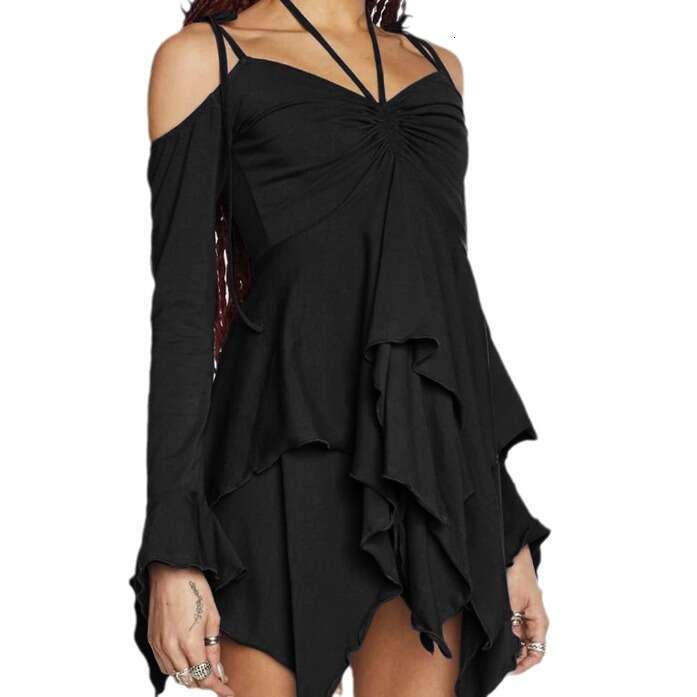 Gothic Style Milk Silk Women's Patchwork Off-Shoulder Long Sleeves High Waist Strap Dress With Ruffles B5