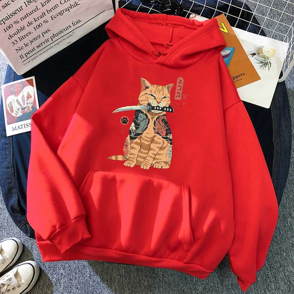 Japanese Cartoons Cat Ukiyo E Print Women Hoodie Hip Hop Face Pullovers Creativity Crewneck Clothing Face Loose Womens Hoodie XJ250717