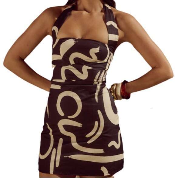 INS New Summer Women's Fashion Printed Halter Neck Tie Slim Fit Bodycon Dress B5