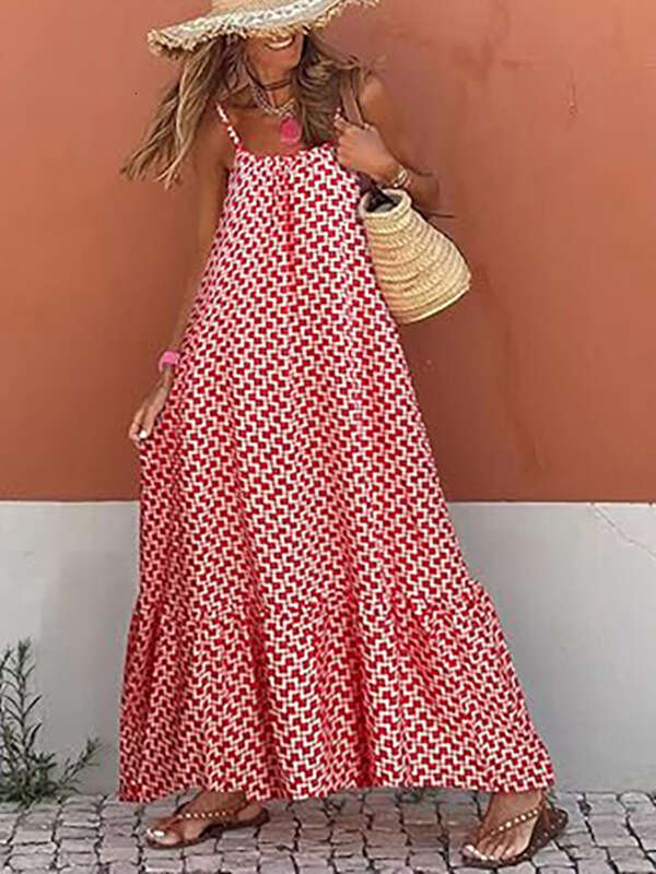 Summer New Bohemian Vacation Style Ruffled Edge Girl Print Strap V-Neck Loose Long Dress B5
