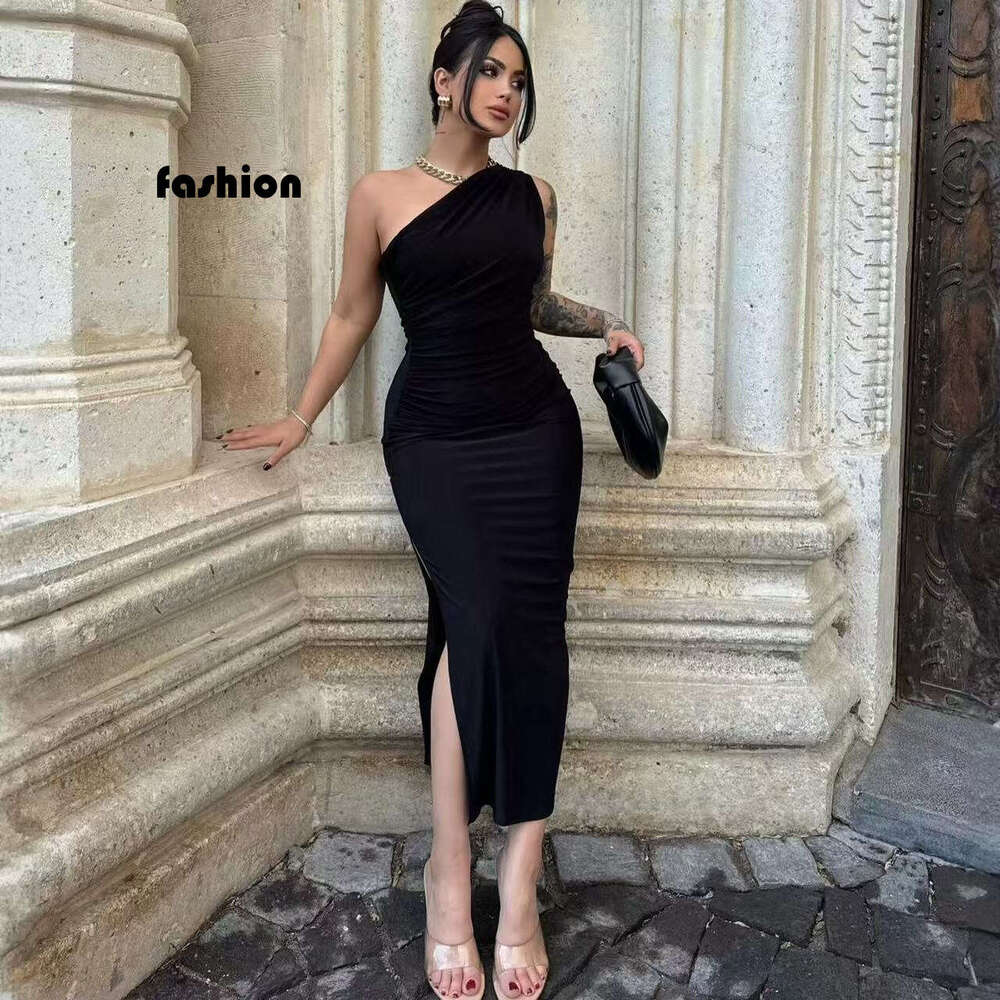 High-End Summer Style Off-Shoulder Slit Ruched Waist Knitted Slim Dress B5 g5