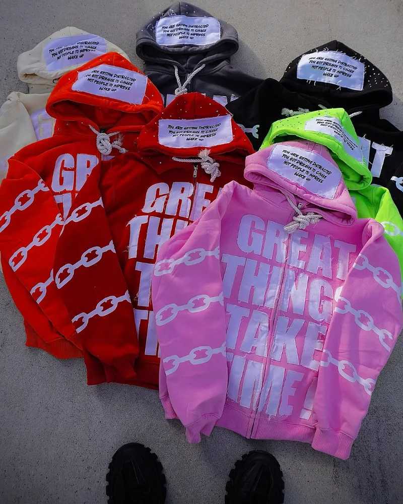 Europe and the United States fashion trend men zipper hoodie street personalized letter print design hoodie loose sweatshirt X2507181