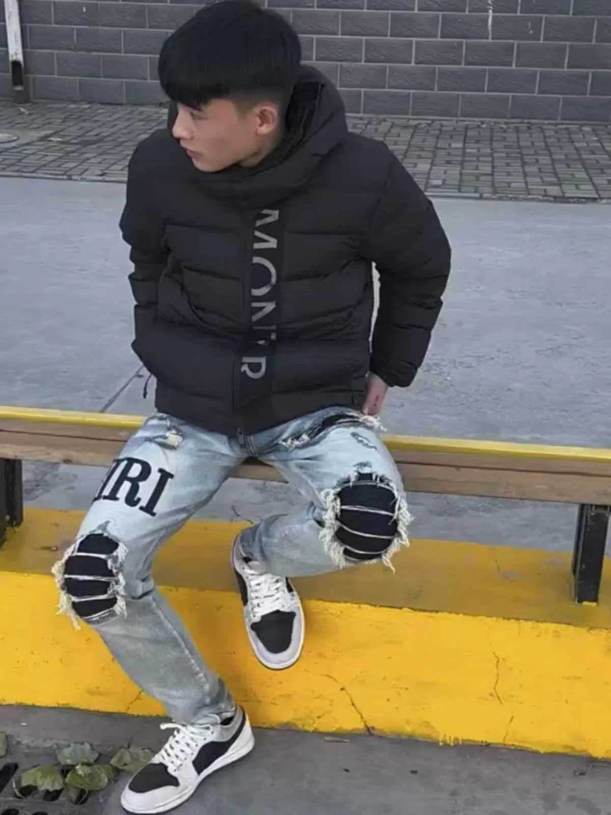 Slim Fit Black Letter Fake Hole Patch Tassel Jeans Long Pants Trendy Youth Casual Wear Middle Waist Zipper Closure Versatile X250718