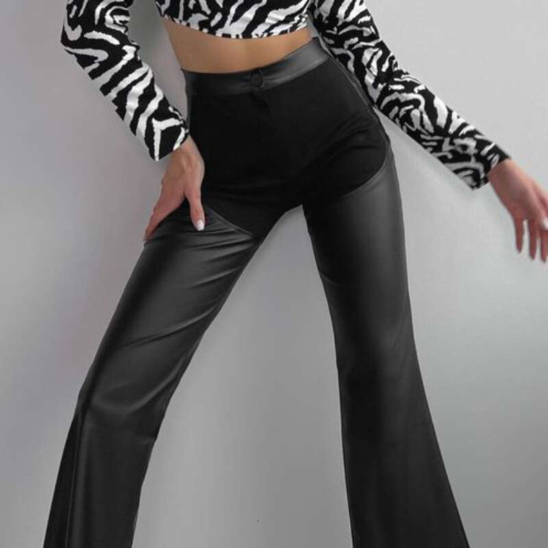 Autumn Women's Fashion New Patchwork PU Faux Leather Sexy High Waist Street Style Straight Leg Slimming Pants B5