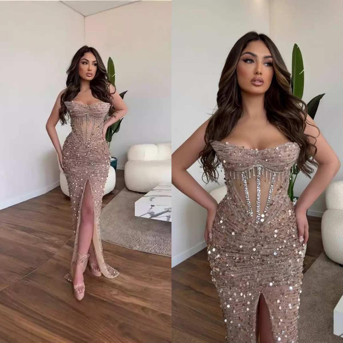 Glitter Strapless Evening Dresses Customized Sexy Sequined Beaded Sleeveless Prom Dress Front Split Party Gown