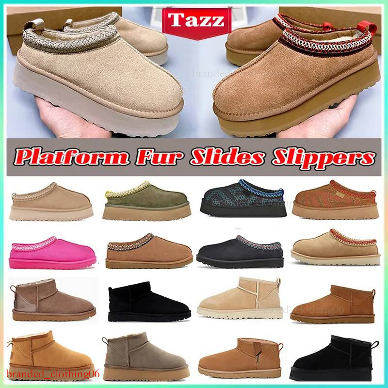 Tazz Slippers tasman fur slides classic ultra mini platform boot Suede Shearling Disquette Slipper men women shoes Ankle mules winter designer booties