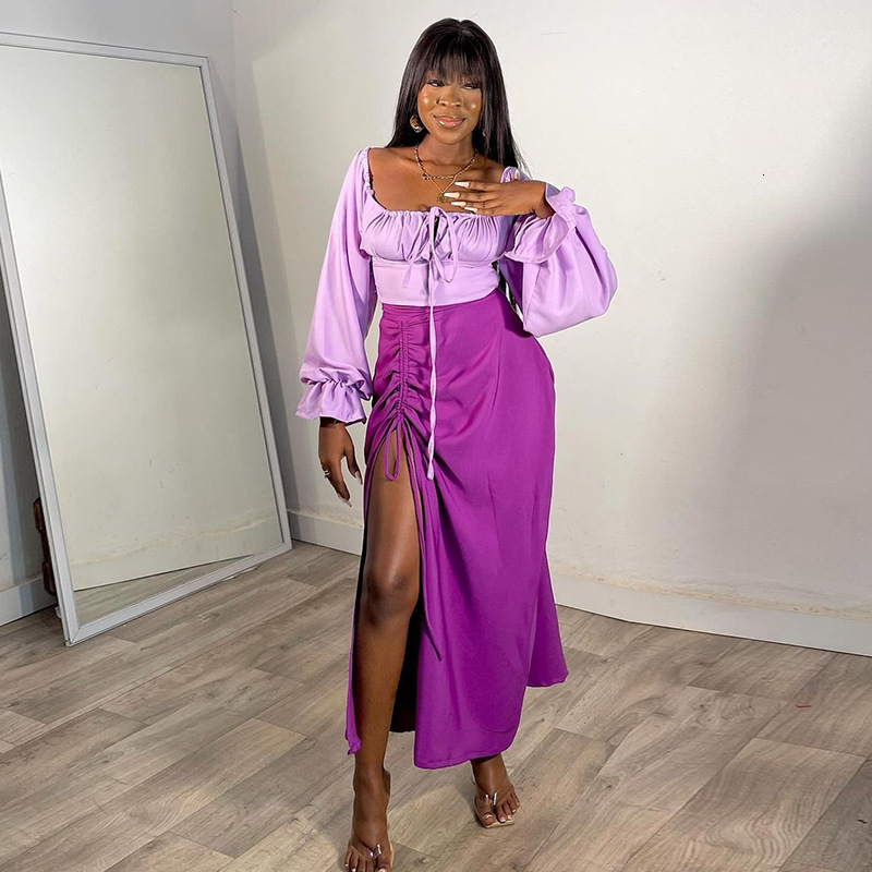 Womens 2024 Spring New Fashion Square Neck Flare Sleeve Short Top Split Skirt