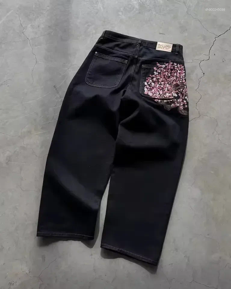 Embroidered Wide Leg Trousers Men's Jeans Vintage Low Waist Hip Hop Cherry Blossom Y2K Clothes Mens Womes Baggy