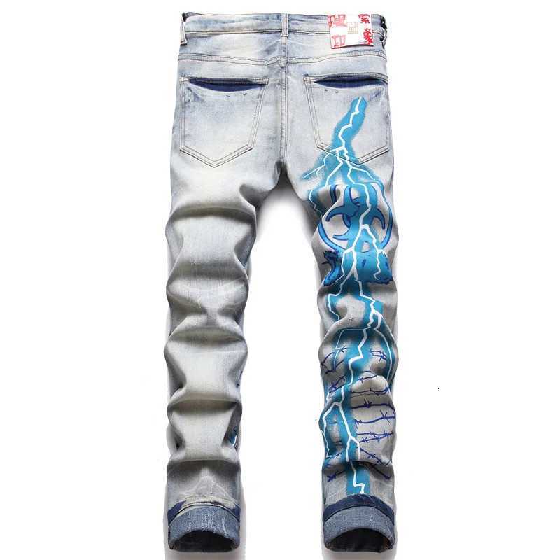 Men Print Jeans Streetwear Letters Lightning Painted Stretch Denim Pants Vintage Blue Ripped Buttons Fly Slim Tapered Trousers X250718