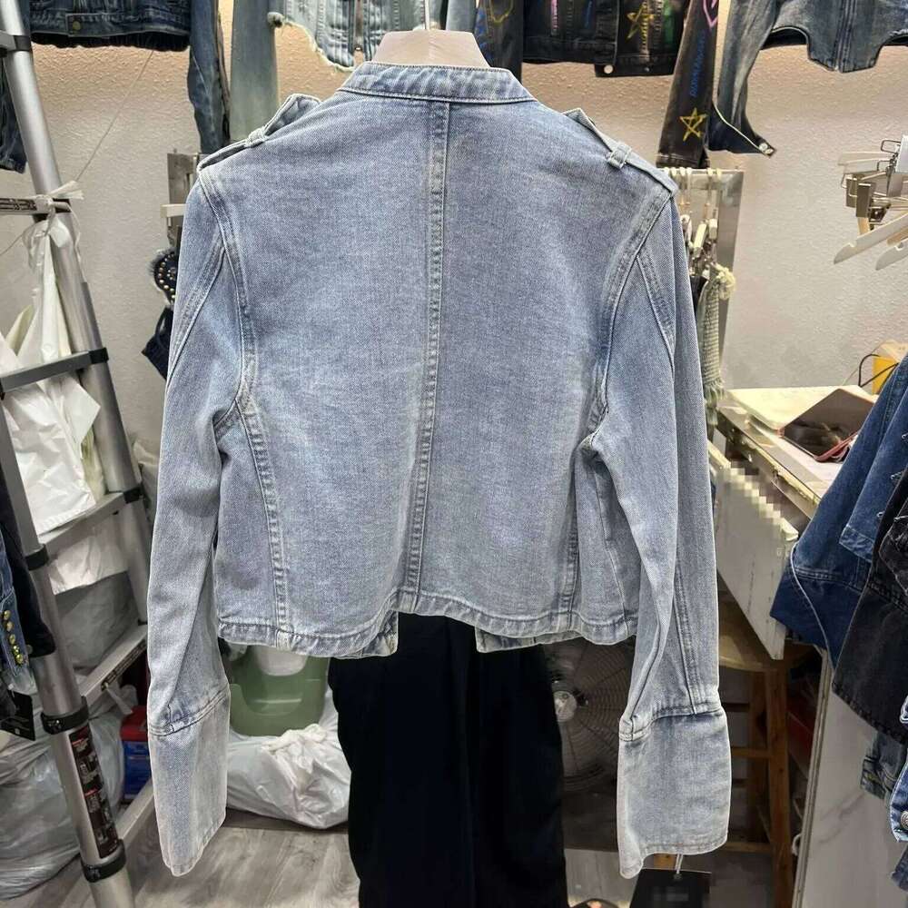Retro Military Handsome Stand Collar Denim Jackets Women Double-Breasted Wild Slim Short Jean Coat Female Outerwear