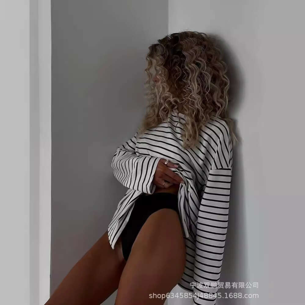 Spring Summer Fashion Loose Cotton Striped T-Shirt For Women Casual Round Neck Long Sleeve Split Top Style B5