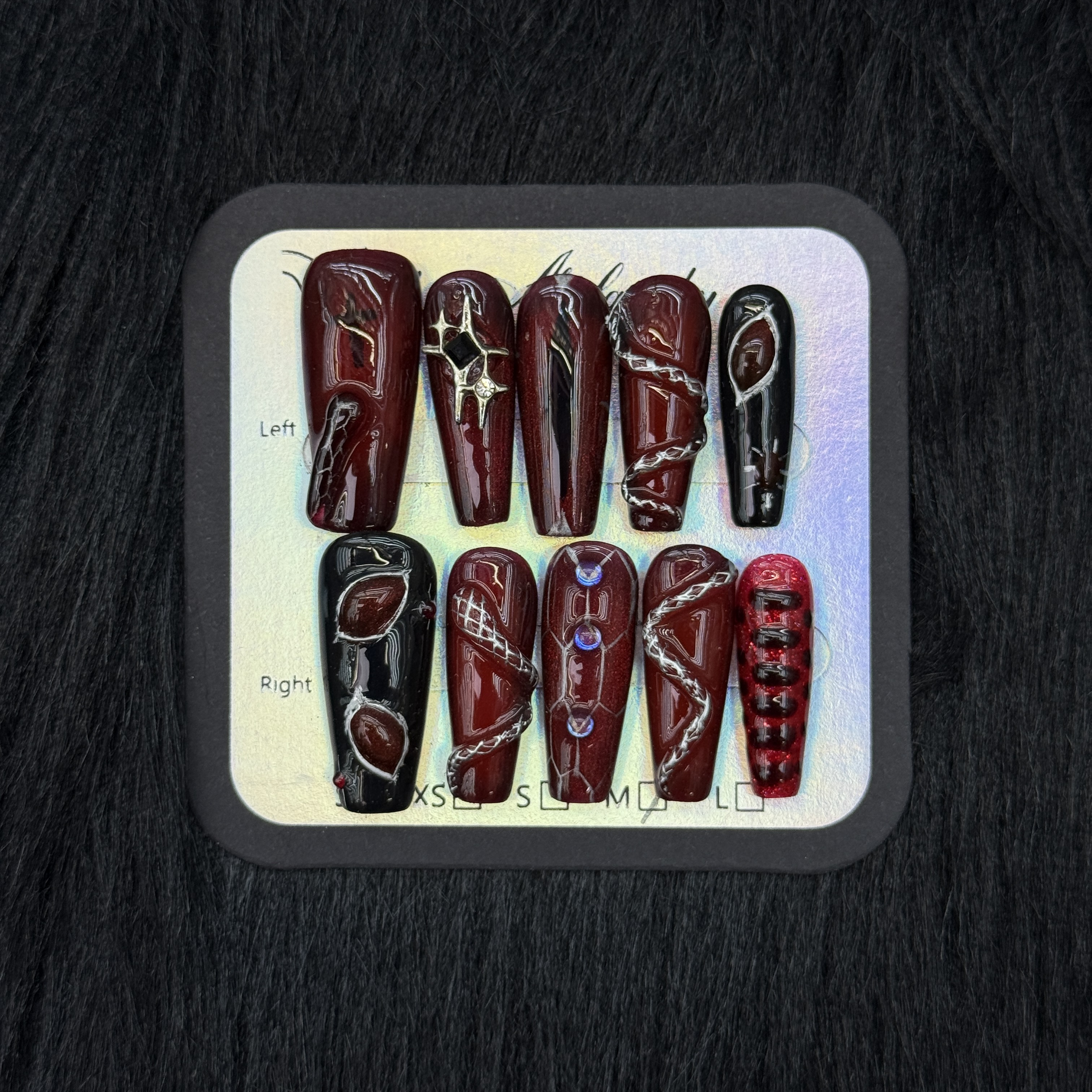 False Nails 10pcs Long Coffin Dark Red Black Gradient Punk Gothic Nail Art with Chain Lines Rhinestones Full Cover Press On DIY Handmade press on nail