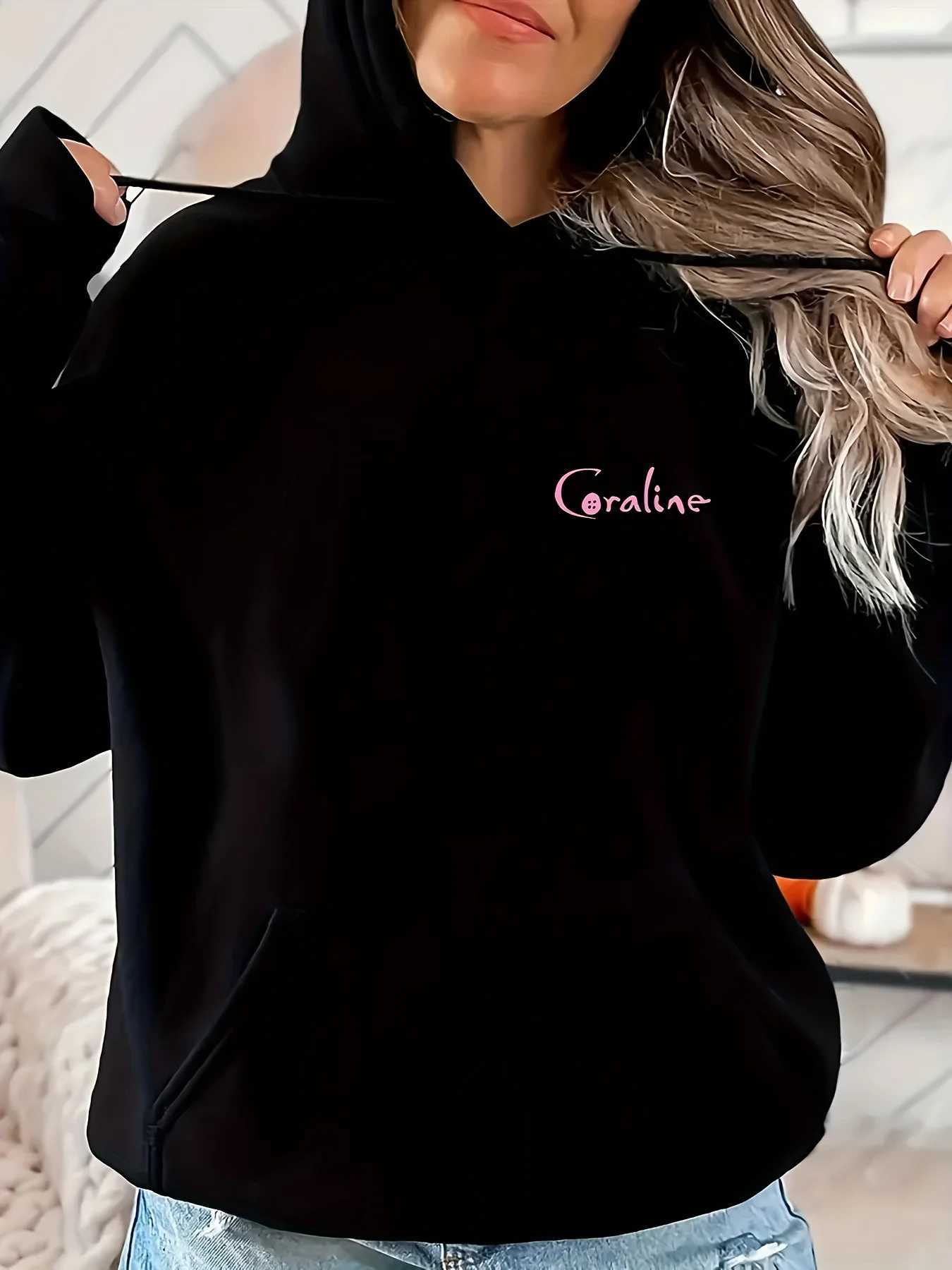 Womens Coraline Cartoon Print Hoodie Casual Polyester Pullover with Drawstring Knit Fashion Sweatshirt for All Seasons XJ250717