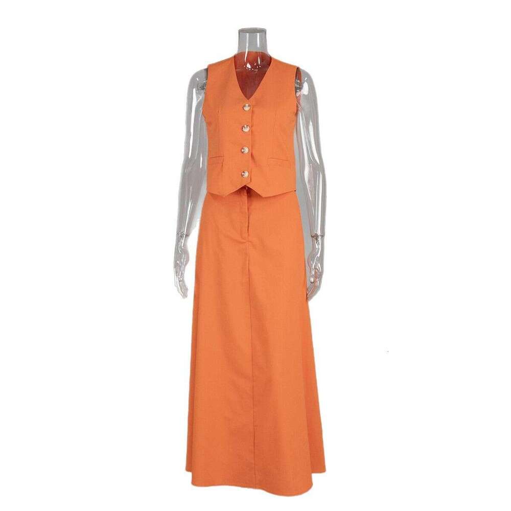 Cotton Linen And For Women Summer New Vest + Flared Skirt Casual Set B5
