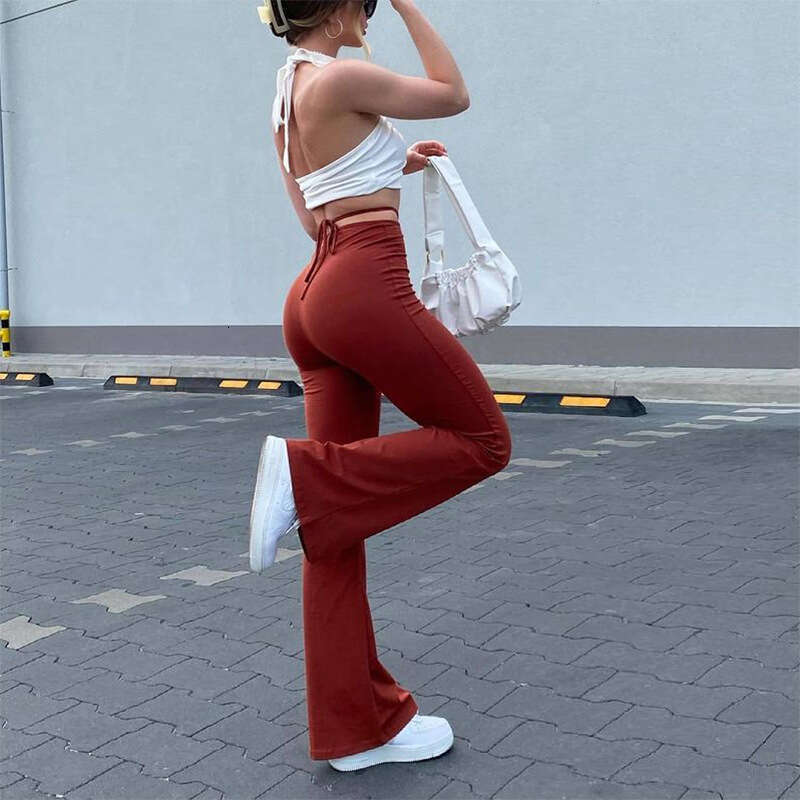 Women's Summer New High-Waisted Elastic Tie Solid Color Flared Elegant Commuter Pants B5