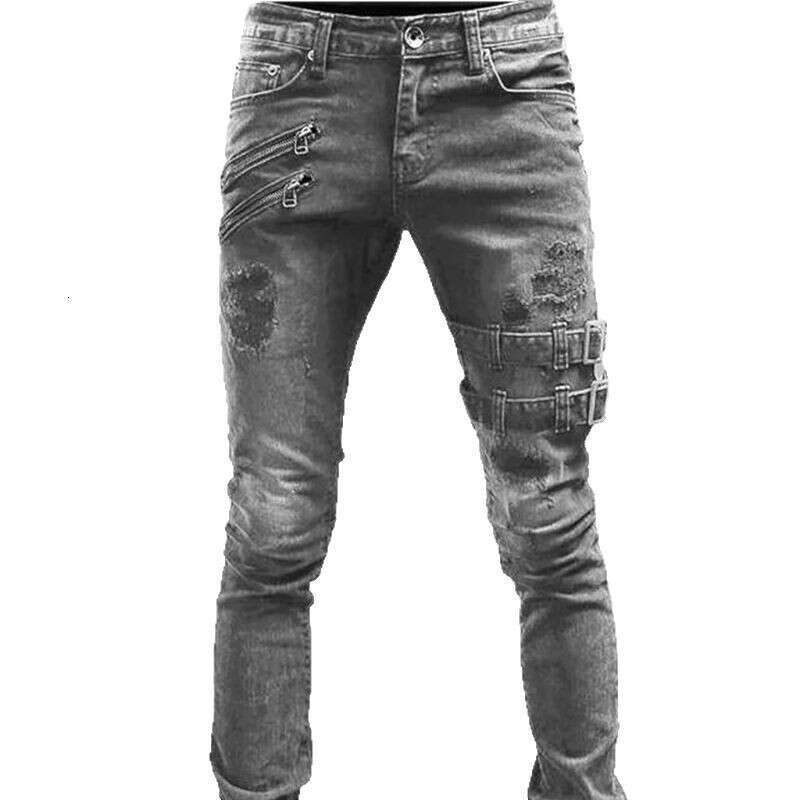 New Style Motorcycle Personality Trendy Stretch Skinny Jeans For Men Slim Fit B5