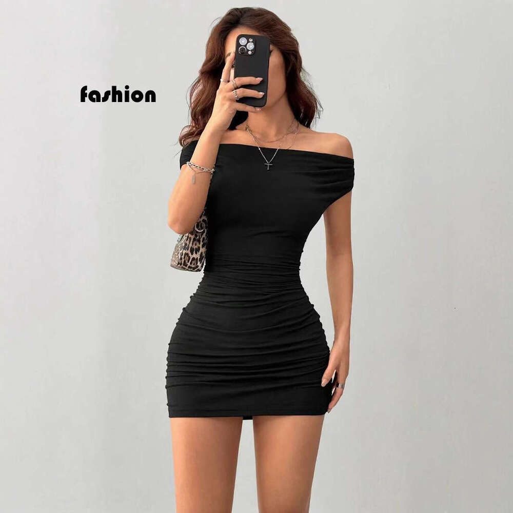 Summer Elegant Off-Shoulder New Slim Fit Bodycon Pleated Short Dress For Women B5 g5