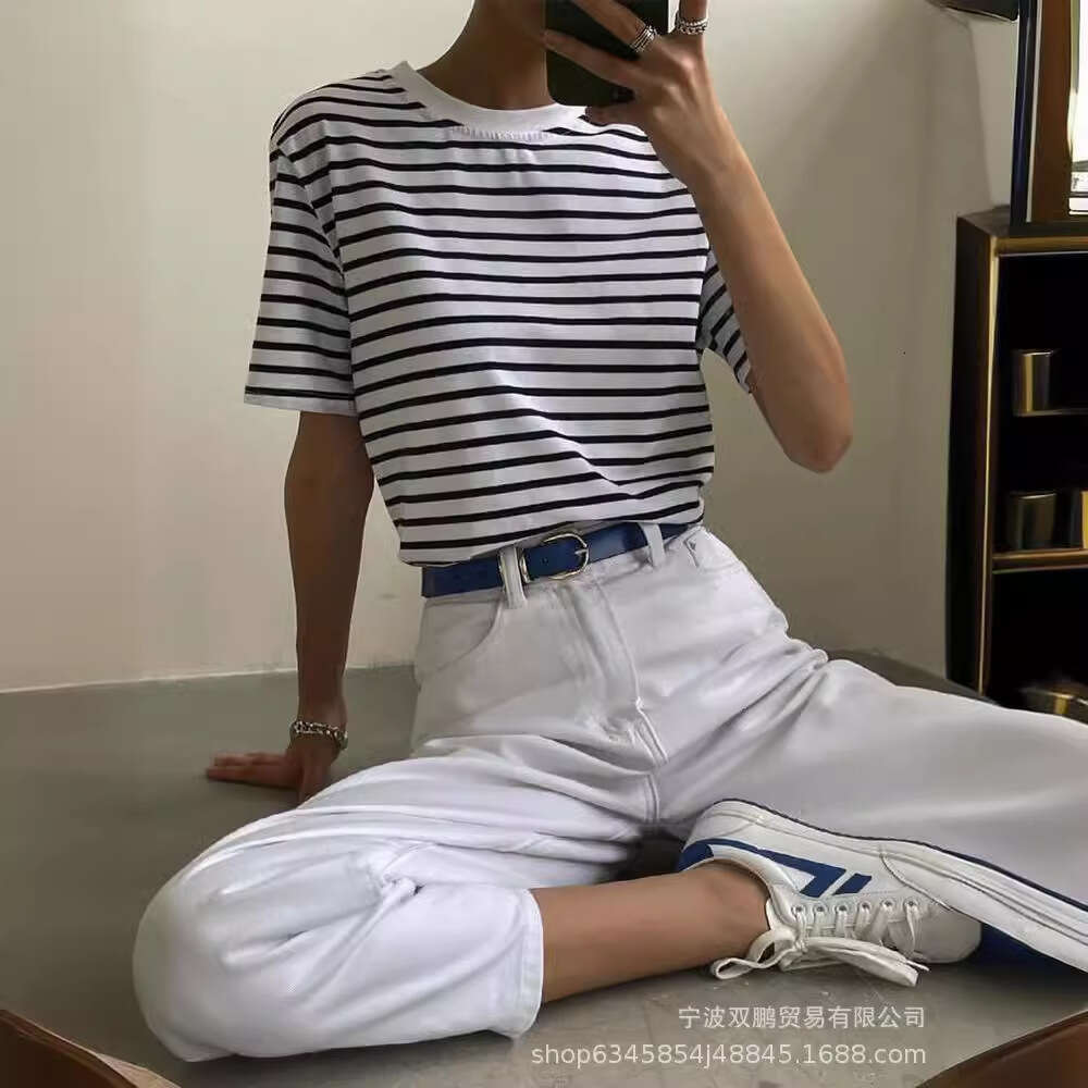 Spring Summer Casual Loose Striped T-Shirt For Women Cotton Round Neck Long Sleeve Pullover Top B5