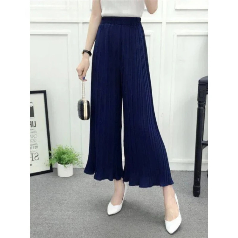 Summer Womens Pants Korean Fashion Solid Elastic Waist Pleated Loose Skirt Plus Size Casual Wideleg Cropped 250714