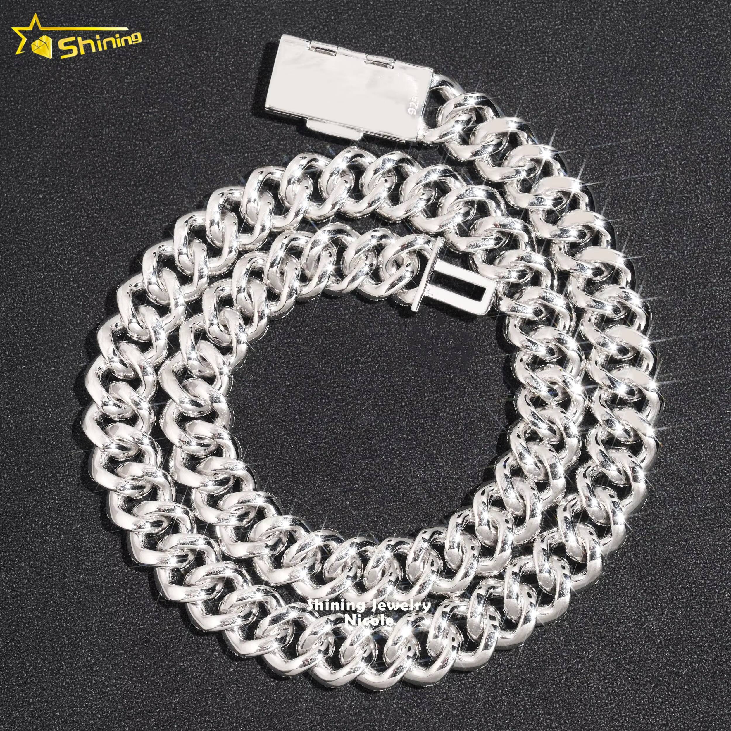 Hip Hop Rapper Jewelry Solid Silver 925 VVS Diamond Necklace 14MM Iced Out Moissanite Cuban Link Chain