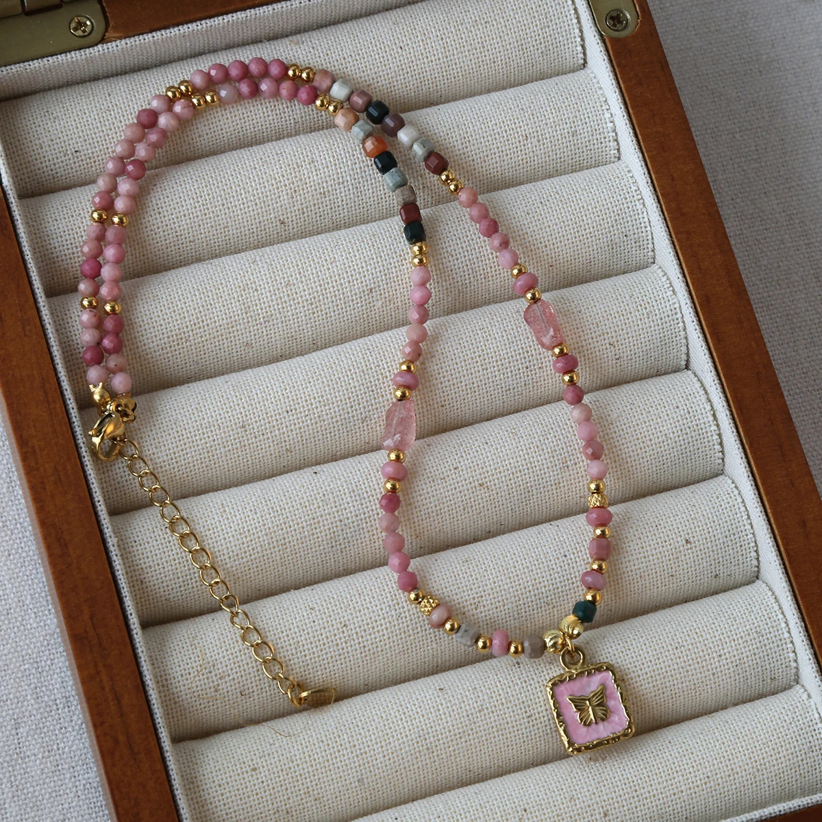 Good Quality Summer necklace natural stone steel accessory powder butterfly pendant for go to Beach 250712