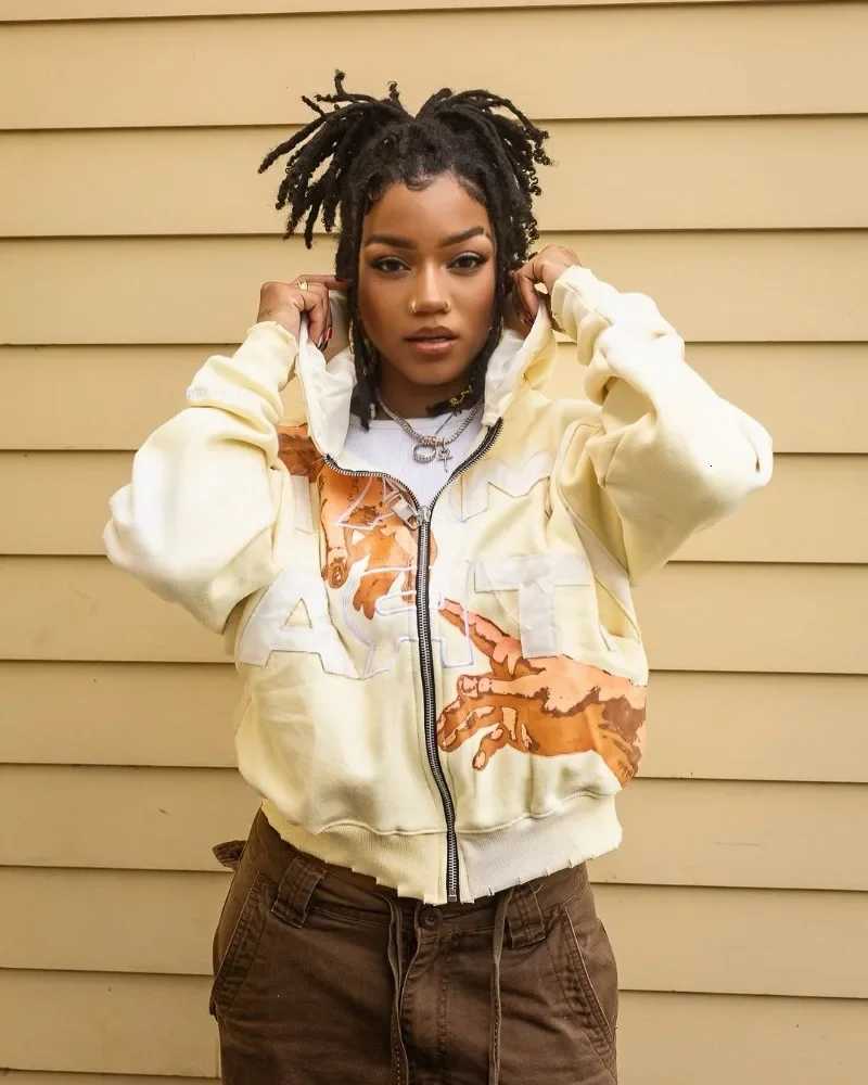 American Retro Letter Print Harajuku Y2K Loose Sweatshirt Men Street Casual Fashion Couple Oversized Zipper Hoodie Women X2507181