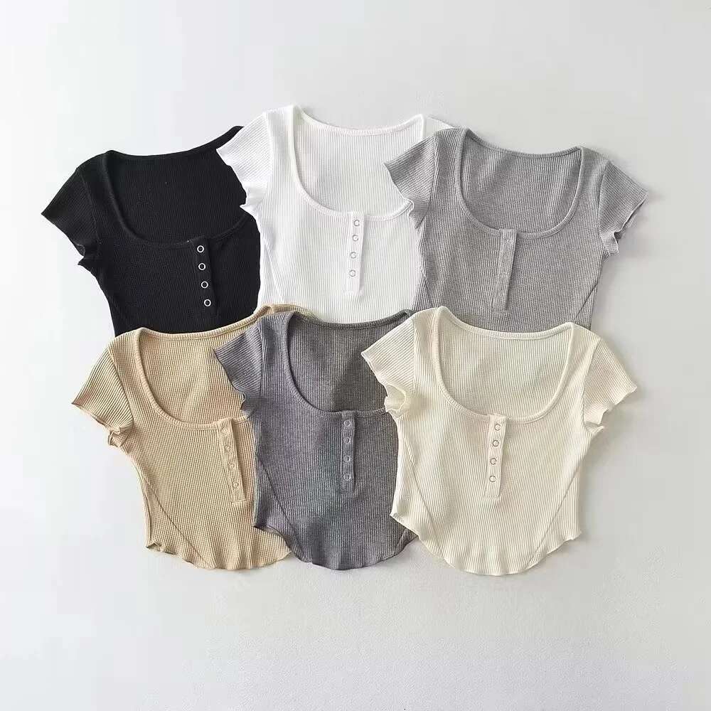 Chao Waist-Slimming Hot Girl Style Sleeve Top For Women New Square Neck Collarbone-Exposing Sexy Button Short T-Shirt B5