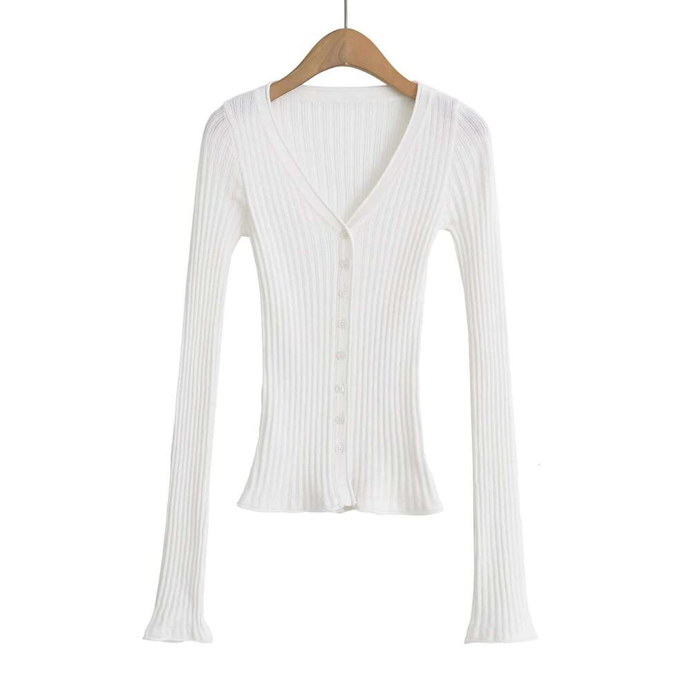 V-Neck Elegant Design Knitted Cardigan For Women Slim Fit Thin Base Shirt Early Autumn Top B5 g5