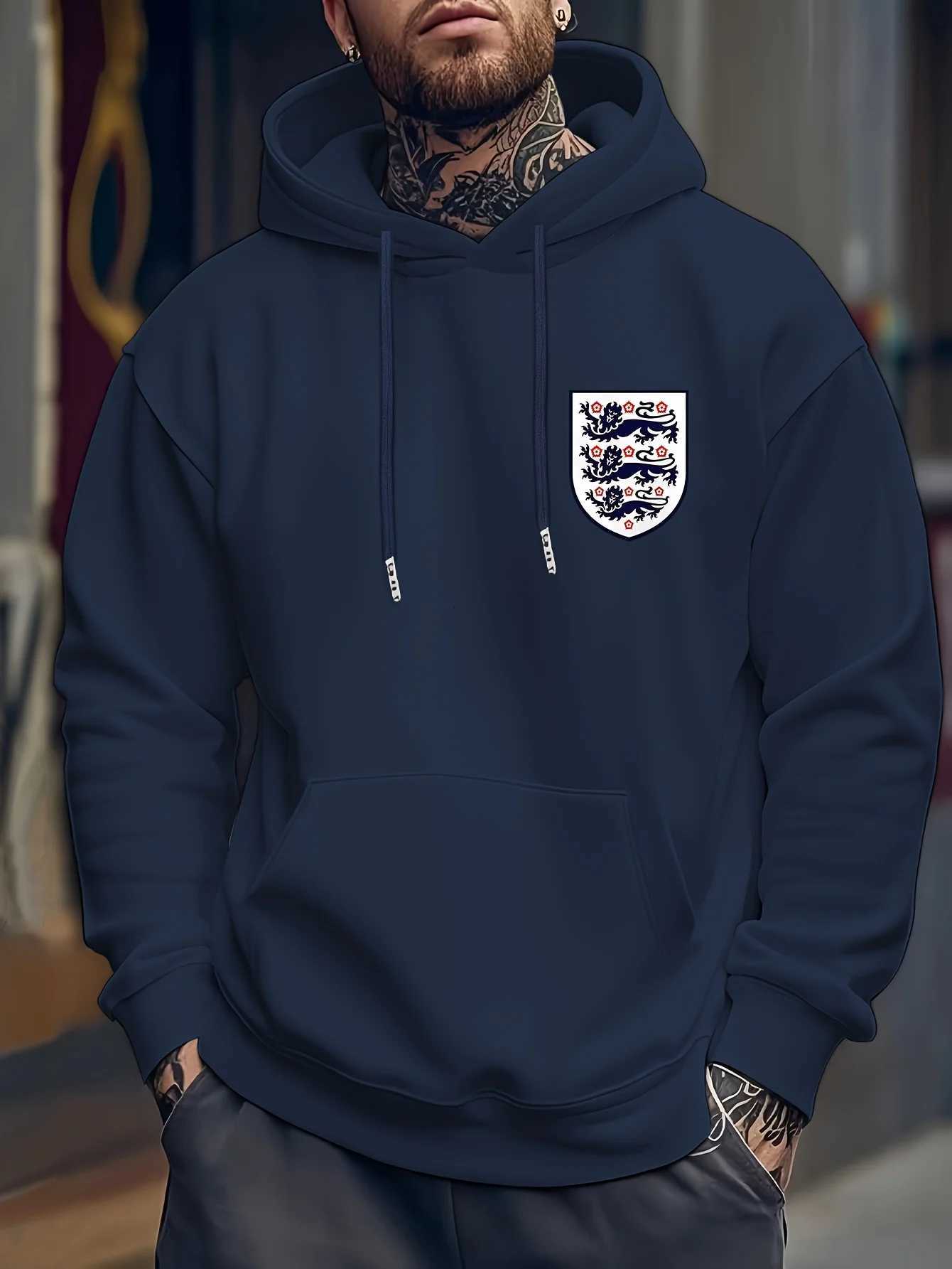 Mens Casual Hooded Sweatshirt with England Flag Print - Winter Pullover Regular Fit Hoodie for Casual Attire Sweater Hoodie XJ250714